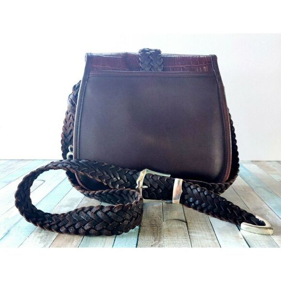 Brighton SADDLE BROWN CROCO GENUINE LEATHER WOVEN STRAP FLAP X-BODY SHOULDER BAG - Picture 4 of 12